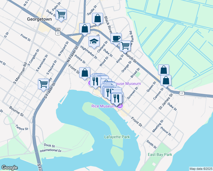 map of restaurants, bars, coffee shops, grocery stores, and more near 909 Prince Street in Georgetown