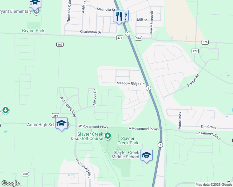 map of restaurants, bars, coffee shops, grocery stores, and more near 225 Meadow Ridge Drive in Anna