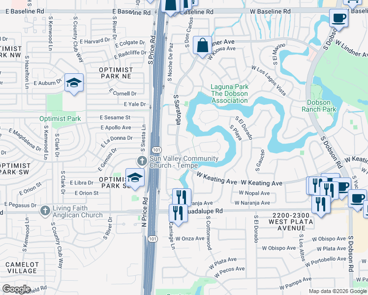 map of restaurants, bars, coffee shops, grocery stores, and more near 2635 West Mendoza Circle in Mesa