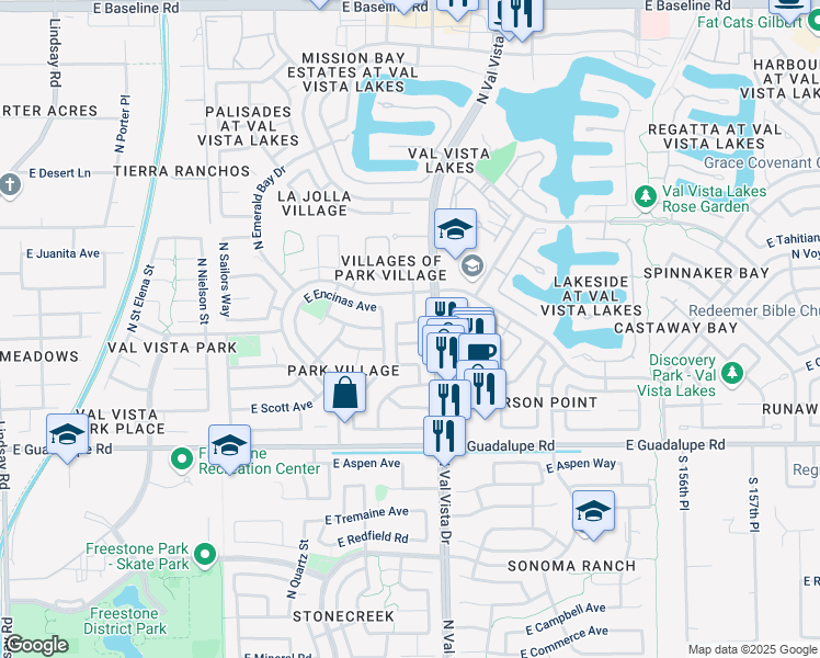 map of restaurants, bars, coffee shops, grocery stores, and more near 1058 North Redrock Street in Gilbert