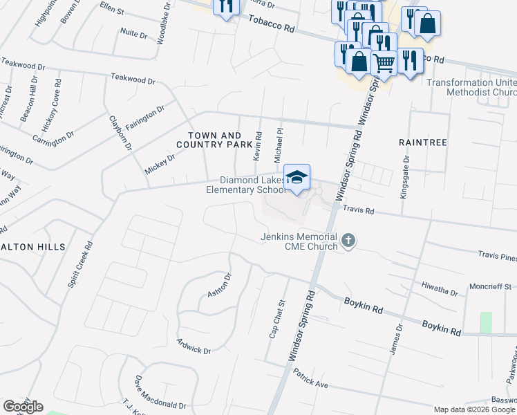 map of restaurants, bars, coffee shops, grocery stores, and more near 2532 Spirit Creek Road in Hephzibah