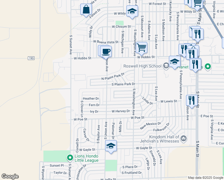 map of restaurants, bars, coffee shops, grocery stores, and more near 802 North Heights Drive in Roswell