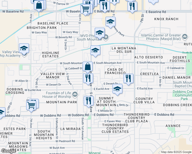 map of restaurants, bars, coffee shops, grocery stores, and more near 8414 South Central Avenue in Phoenix