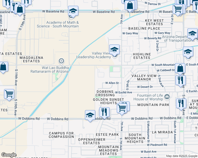 map of restaurants, bars, coffee shops, grocery stores, and more near 805 West South Mountain Avenue in Phoenix