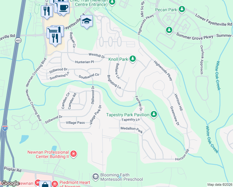 map of restaurants, bars, coffee shops, grocery stores, and more near Keystone Circle in Newnan