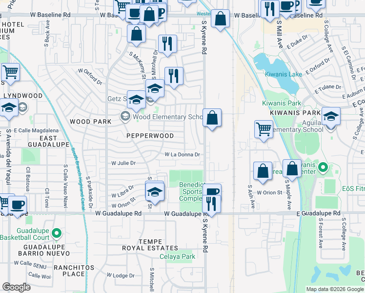 map of restaurants, bars, coffee shops, grocery stores, and more near 546 West Magdalena Drive in Tempe