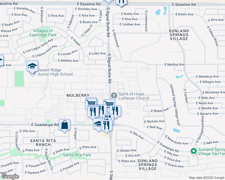 map of restaurants, bars, coffee shops, grocery stores, and more near 10751 East Monterey Avenue in Mesa