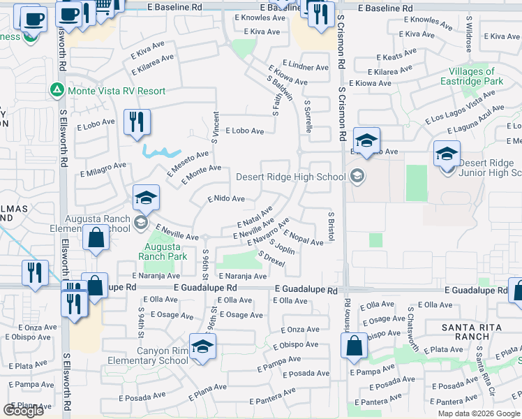 map of restaurants, bars, coffee shops, grocery stores, and more near 2551 South Drexel in Mesa