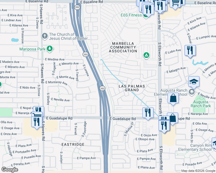 map of restaurants, bars, coffee shops, grocery stores, and more near East Las Palmas Grand in Mesa