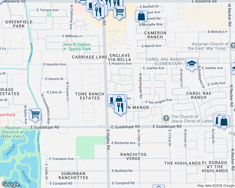 map of restaurants, bars, coffee shops, grocery stores, and more near 3286 East San Remo Avenue in Gilbert