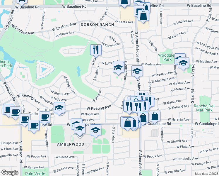 map of restaurants, bars, coffee shops, grocery stores, and more near 1366 West Meseto Avenue in Mesa