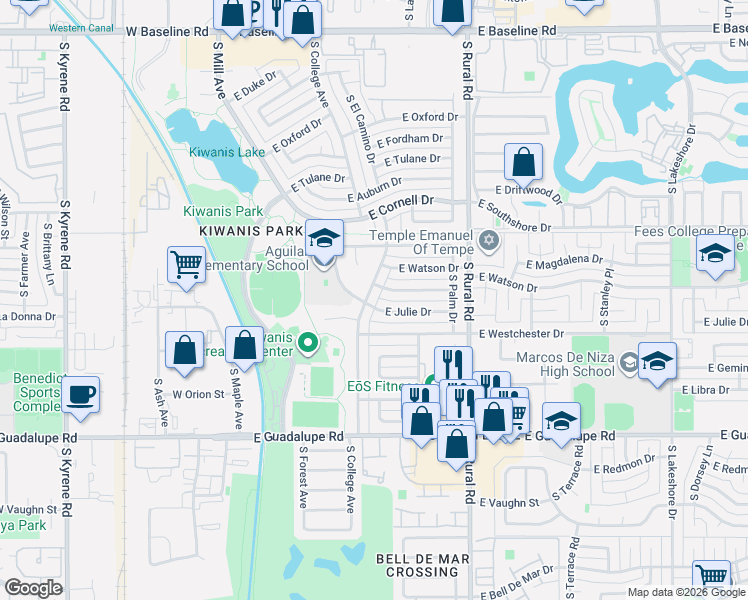 map of restaurants, bars, coffee shops, grocery stores, and more near 5836 South College Avenue in Tempe