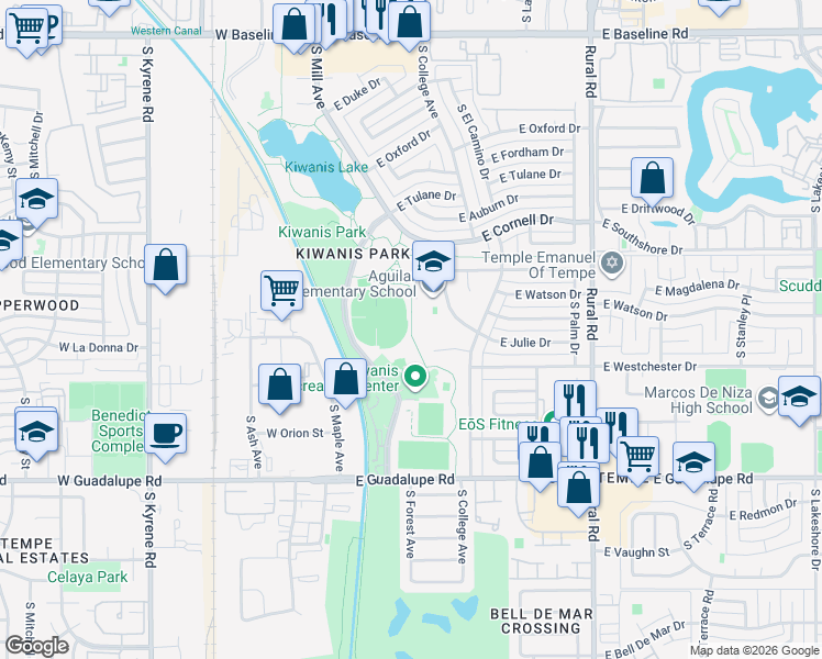 map of restaurants, bars, coffee shops, grocery stores, and more near 206 East Julie Drive in Tempe