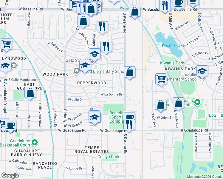 map of restaurants, bars, coffee shops, grocery stores, and more near 546 West Magdalena Drive in Tempe