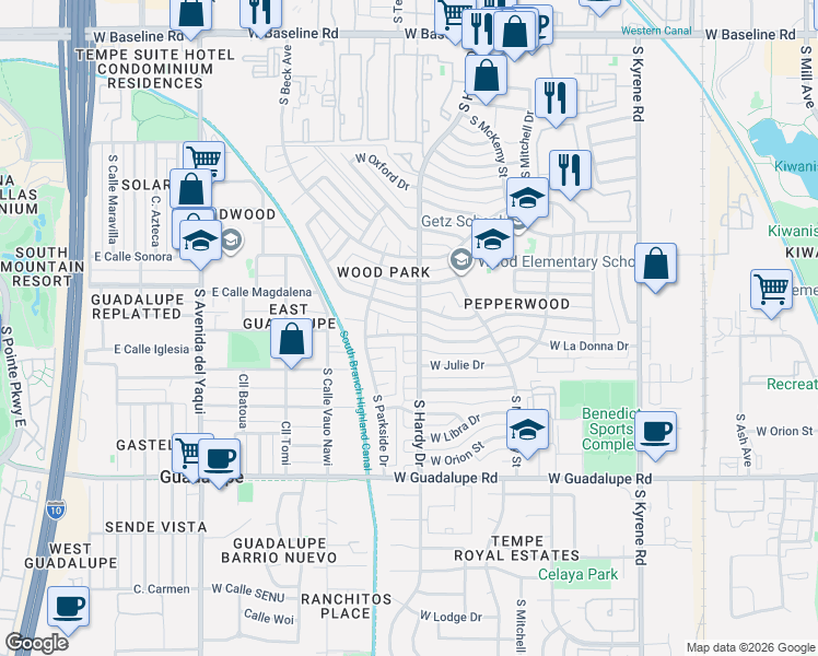 map of restaurants, bars, coffee shops, grocery stores, and more near 1015 West Apollo Avenue in Tempe