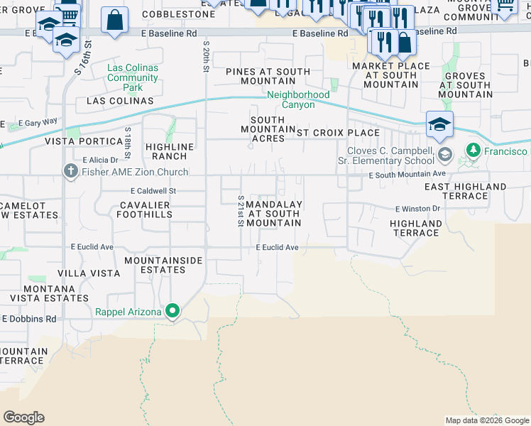 map of restaurants, bars, coffee shops, grocery stores, and more near 8442 South 22nd Street in Phoenix
