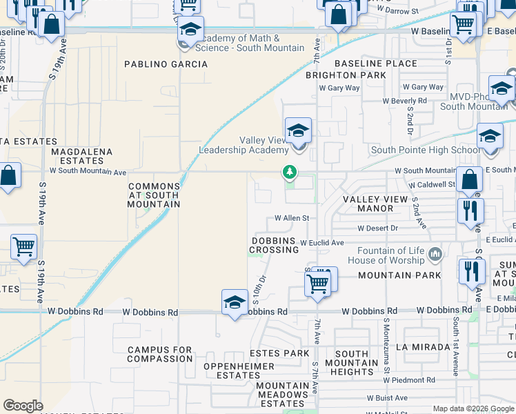 map of restaurants, bars, coffee shops, grocery stores, and more near 805 West South Mountain Avenue in Phoenix