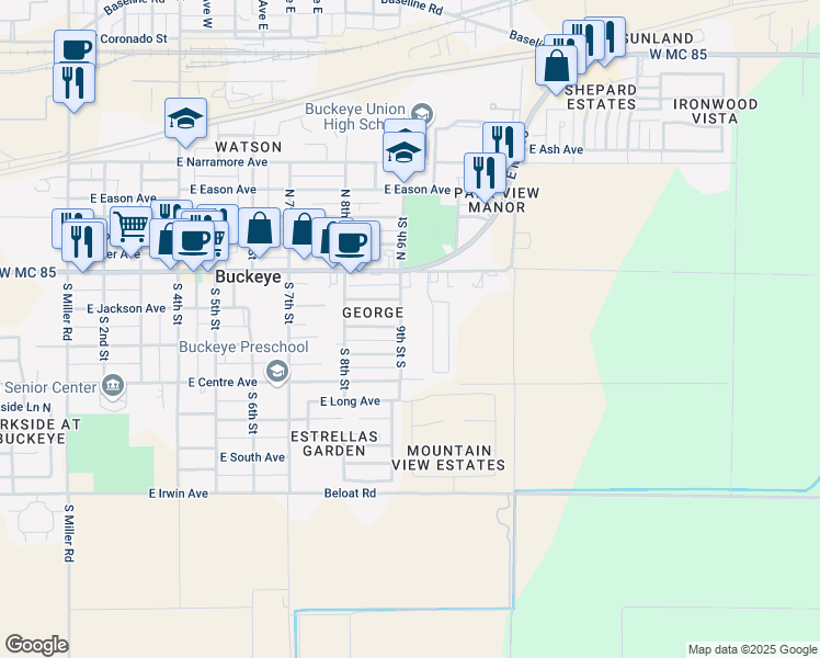 map of restaurants, bars, coffee shops, grocery stores, and more near 816 East Lincoln Avenue in Buckeye