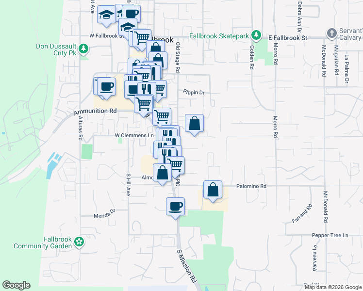 map of restaurants, bars, coffee shops, grocery stores, and more near 1316 Old Stage Road in Fallbrook
