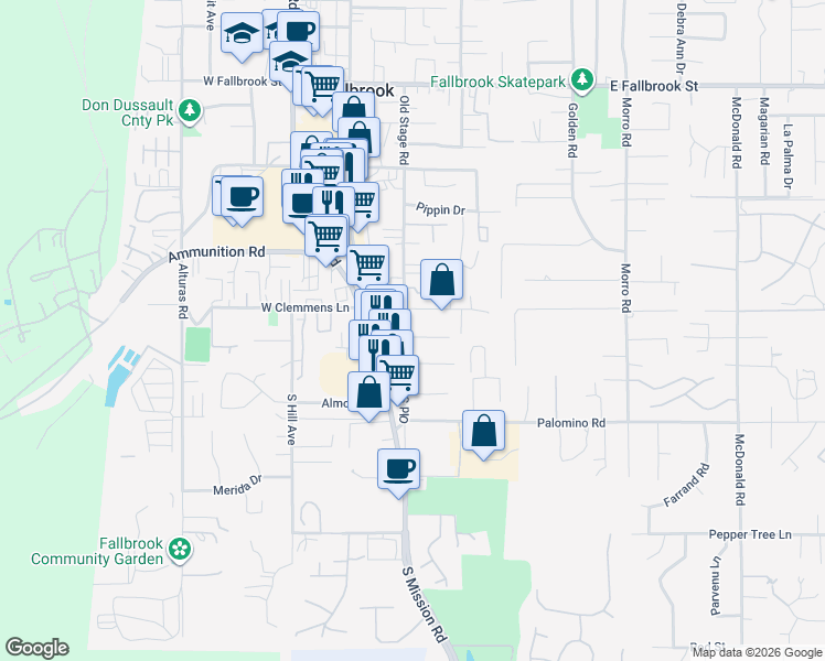 map of restaurants, bars, coffee shops, grocery stores, and more near 206 Vía Oro Verde in Fallbrook