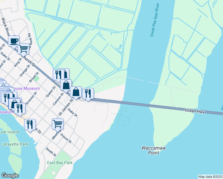 map of restaurants, bars, coffee shops, grocery stores, and more near 120 Church St in Georgetown