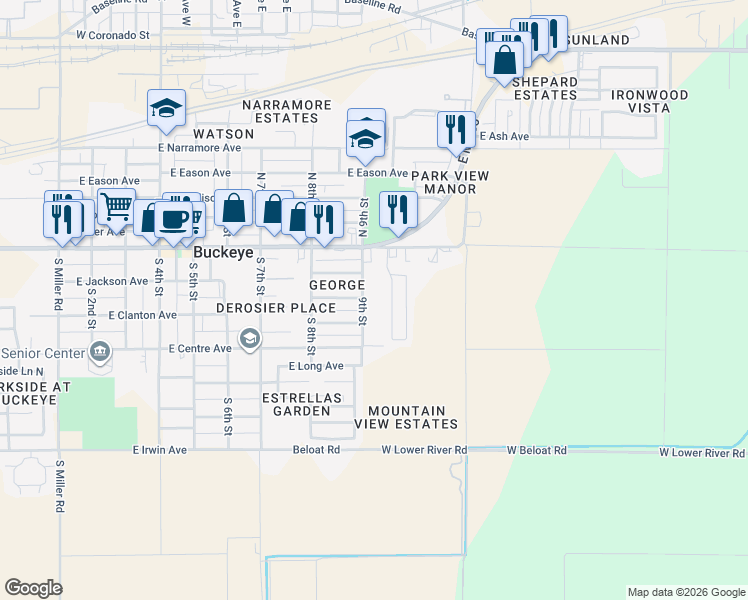 map of restaurants, bars, coffee shops, grocery stores, and more near 300 South 9th Street in Buckeye
