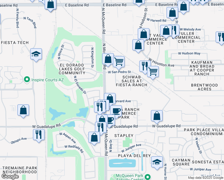 map of restaurants, bars, coffee shops, grocery stores, and more near 1015 N McQueen Rd in Gilbert
