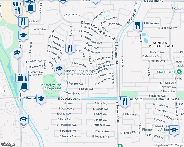 map of restaurants, bars, coffee shops, grocery stores, and more near 2560 South Rowen in Mesa