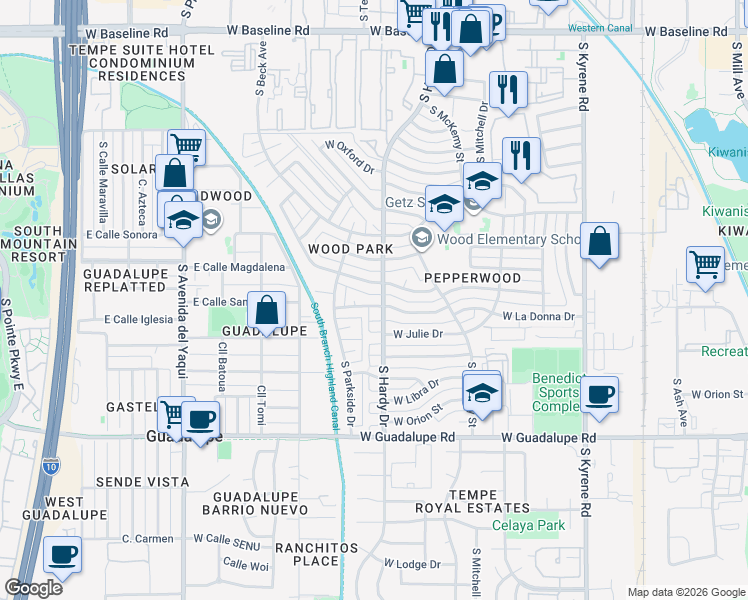 map of restaurants, bars, coffee shops, grocery stores, and more near 1015 West Apollo Avenue in Tempe
