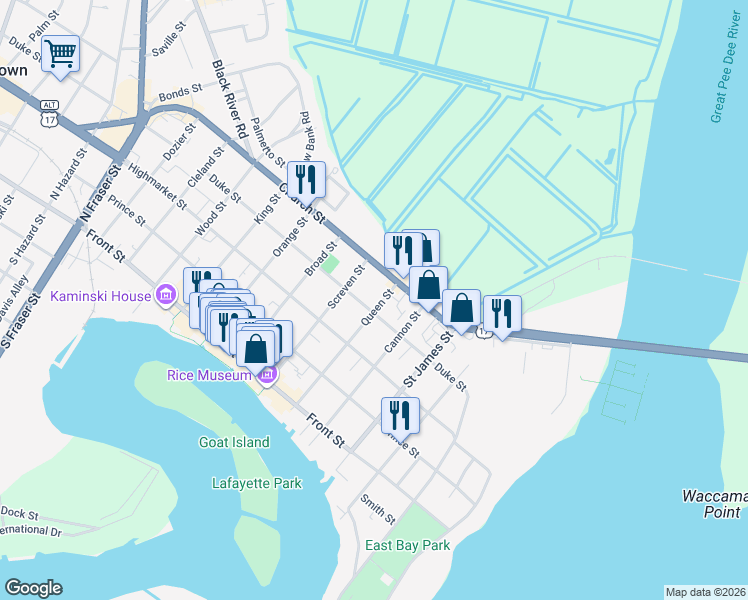 map of restaurants, bars, coffee shops, grocery stores, and more near 613 Church Street in Georgetown