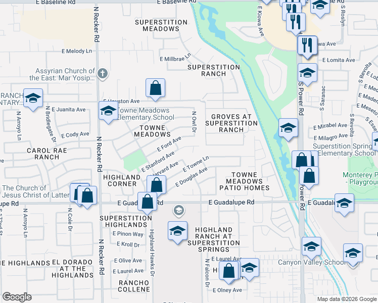 map of restaurants, bars, coffee shops, grocery stores, and more near 4332 East Stanford Avenue in Gilbert