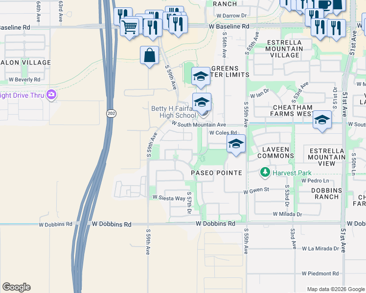 map of restaurants, bars, coffee shops, grocery stores, and more near 5738 West Ardmore Road in Phoenix