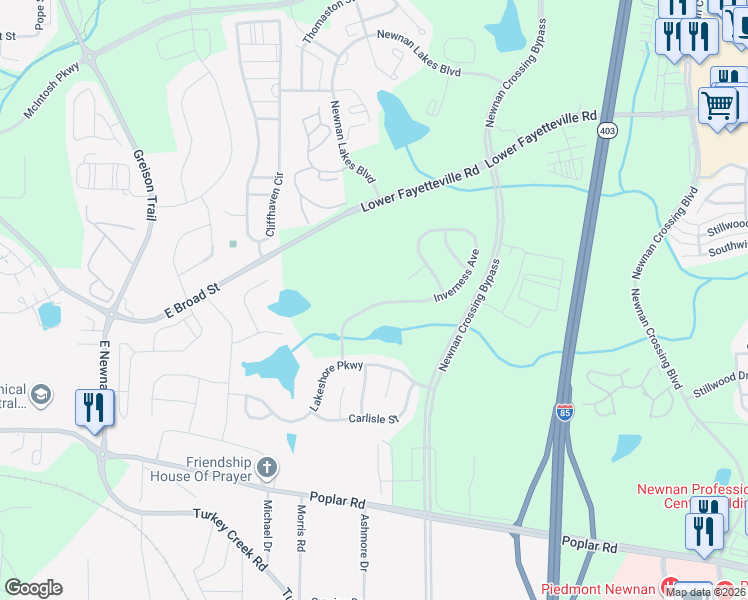 map of restaurants, bars, coffee shops, grocery stores, and more near 46 Inverness Avenue in Newnan