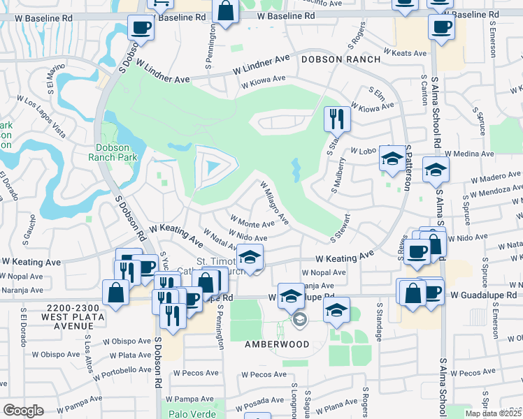 map of restaurants, bars, coffee shops, grocery stores, and more near 2509 South Pennington in Mesa