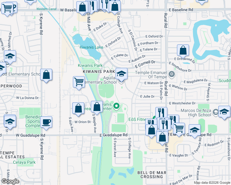 map of restaurants, bars, coffee shops, grocery stores, and more near 206 East Julie Drive in Tempe