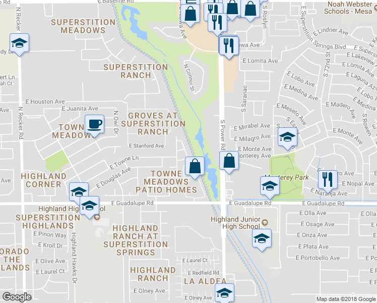 map of restaurants, bars, coffee shops, grocery stores, and more near 1015 North Sparrow Drive in Gilbert