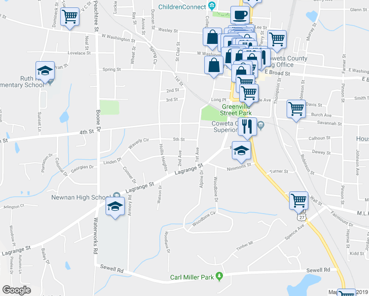 map of restaurants, bars, coffee shops, grocery stores, and more near 68 2nd Avenue in Newnan