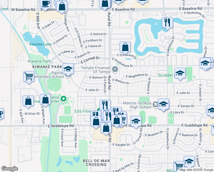 map of restaurants, bars, coffee shops, grocery stores, and more near 905 East Watson Drive in Tempe