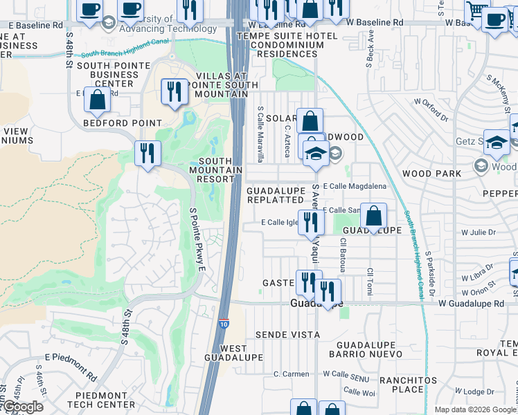 map of restaurants, bars, coffee shops, grocery stores, and more near 5438 East Calle San Angelo in Tempe