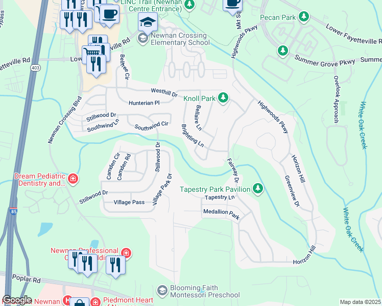 map of restaurants, bars, coffee shops, grocery stores, and more near 66 Keystone Circle in Newnan