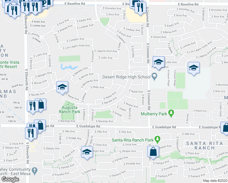 map of restaurants, bars, coffee shops, grocery stores, and more near 9732 East Natal Avenue in Mesa