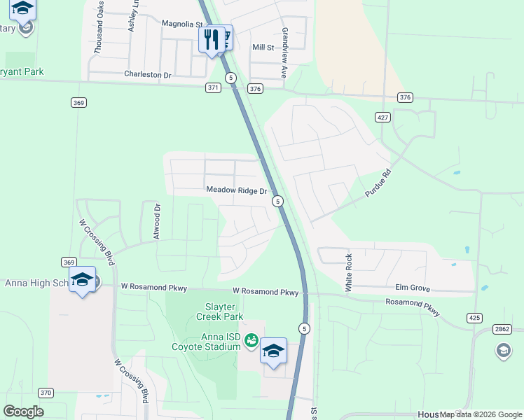 map of restaurants, bars, coffee shops, grocery stores, and more near 113 Meadow Ridge Drive in Anna