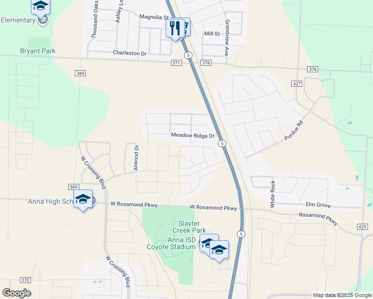 map of restaurants, bars, coffee shops, grocery stores, and more near 201 Meadow Ridge Drive in Anna