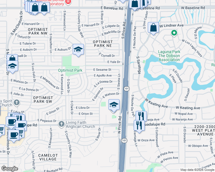 map of restaurants, bars, coffee shops, grocery stores, and more near 2139 East La Donna Drive in Tempe