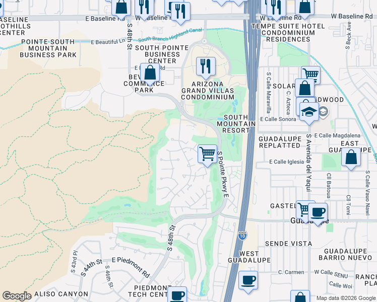 map of restaurants, bars, coffee shops, grocery stores, and more near 8601 South 48th Street in Phoenix