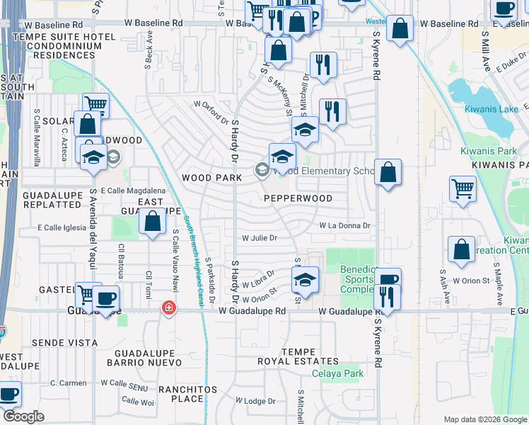 map of restaurants, bars, coffee shops, grocery stores, and more near 806 West Apollo Avenue in Tempe