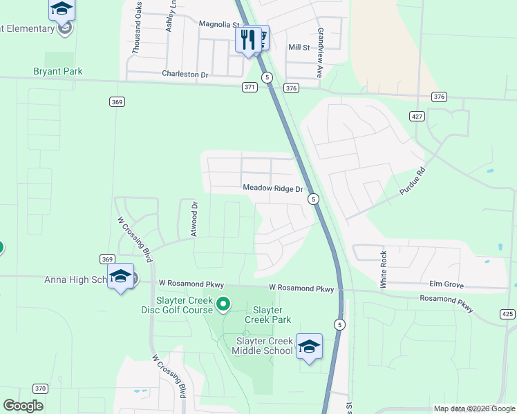 map of restaurants, bars, coffee shops, grocery stores, and more near 201 Meadow Ridge Drive in Anna