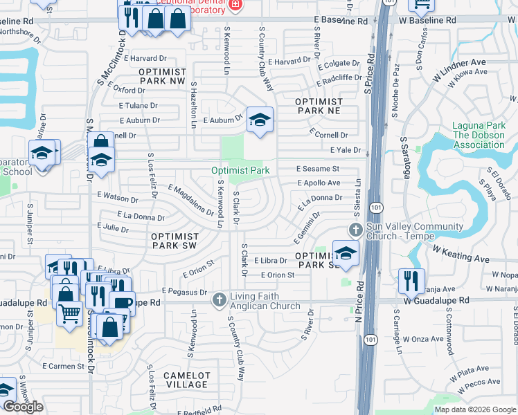 map of restaurants, bars, coffee shops, grocery stores, and more near 2011 East Apollo Avenue in Tempe