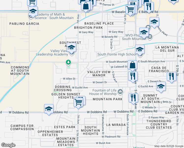 map of restaurants, bars, coffee shops, grocery stores, and more near 8440 South 5th Drive in Phoenix