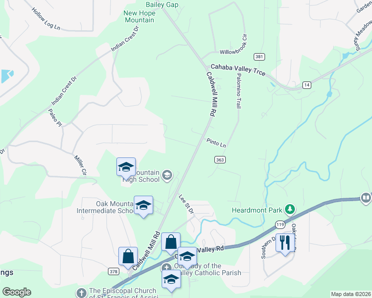 map of restaurants, bars, coffee shops, grocery stores, and more near 4926 Appaloosa Trail in Birmingham